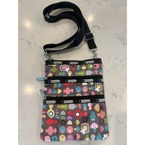 LeSportsac 3 Zipper Crossbody Purse Bag Mushrooms Hearts Colorful Design So Cute